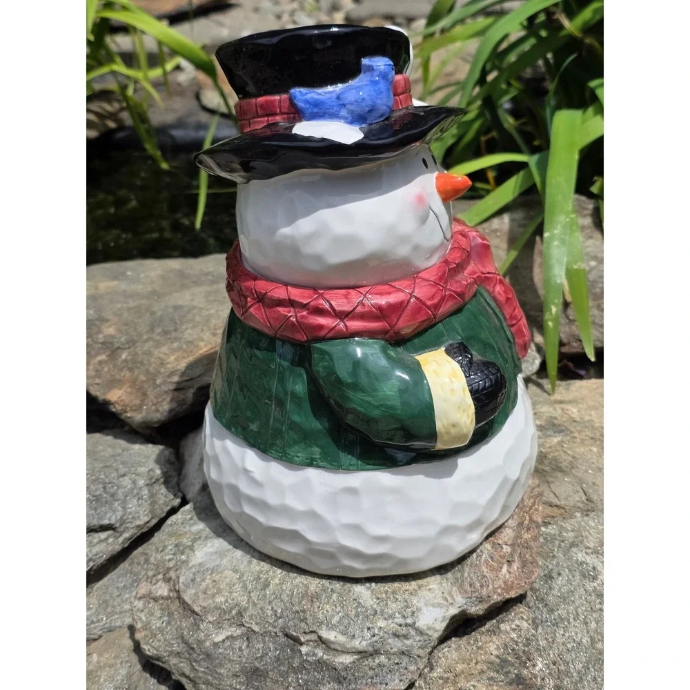 Fantasy Ltd Christmas Snowman Ceramic Cookie Jar Blue Bird Top‎ Hat Red Scarf
